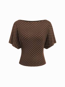 Cider - Polka Dot Women Boat Neck Batwing Sleeve Oversized Top Brown