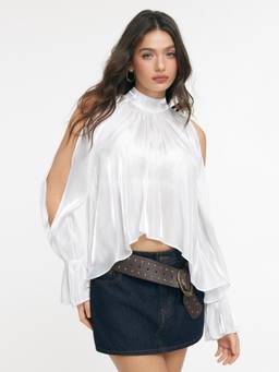 Cider - Satin High Neck Bowknot Raglan Oversized Blouse White