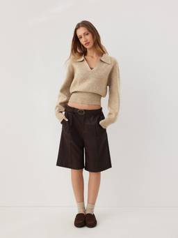 Cider - Knit Collar Women's Lantern Sleeve Top Khaki