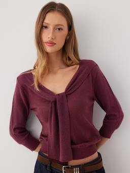 Cider - Knit Women's V-Neck Tie Detail Top Burgundy