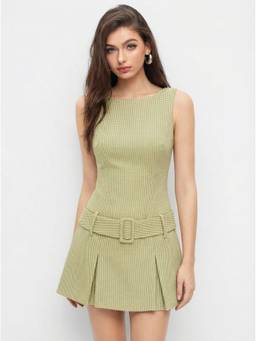 Cider - Houndstooth Women Belted Boat Neck Mini Dress Green