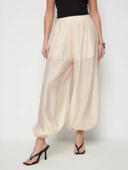 Cider - Textured Chiffon Women's Mid-Waist Balloon Palazzo Pants Beige