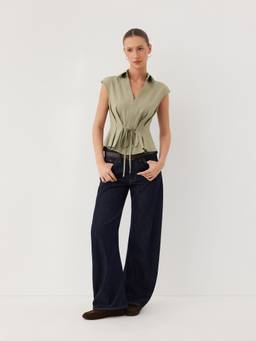 Cider - Ruched Ruffled Women's V-Neck Tie-Up Blouse Pale Green