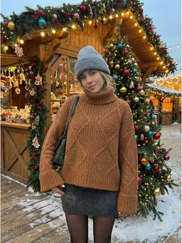 Cider - Knit Stand Collar Women's Oversized Textured Sweater Ginger
