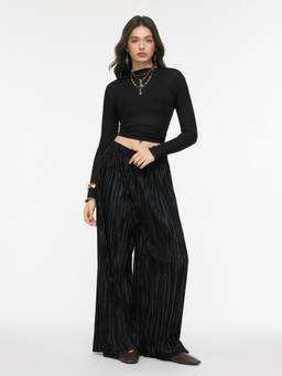 Cider - Textured Women's High Waist Pleated Wide Leg Trousers Black