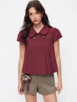 Cider - Cotton Blend Women's Double-Breasted Puff Sleeve Blouse Burgundy