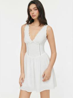 Cider - Cotton Women's V-Neck Bowknot Eyelet Mini Dress White