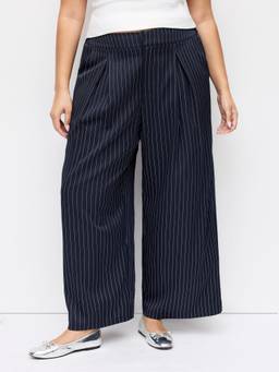Cider - Stripe Women's Mid-Waist Pleated Wide-Leg Trousers Navy Blue