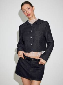 Cider - Washed Denim Women Peter Pan Collar Floral Button Denim Jacket Navy Blue
