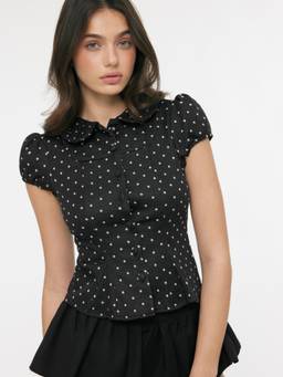 Cider - Polka Dot Women Peter Pan Collar Puff Sleeve Crop Top Black
