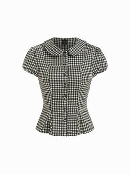Cider - Women's Gingham Peter Pan Collar Puff Sleeve Crop Top Grey