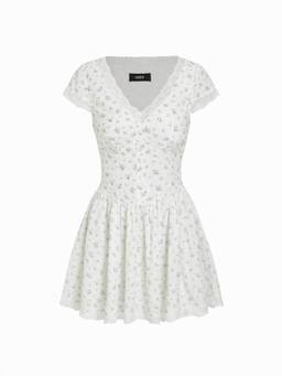 Cider - Textured Floral Women's V-Neck A-Line Mini Dress White