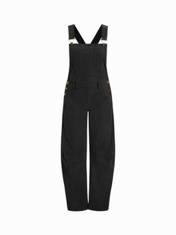 Cider - Corduroy Women's Square Neck Metal Detail Barrel-Leg Jumpsuit Black