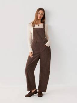 Cider - Corduroy Women's Square Neck Metal Detail Barrel-Leg Jumpsuit Brown
