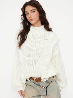 Cider - Cable Knit Women's Oversized High Neck Pullover Sweater White
