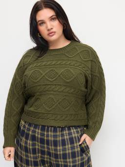 Cider - Cable Knit Women Tie-Back Round Neck Top Olive