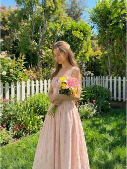 Cider - Cotton Blend Women Floral Square Neck Shirred Midi Dress Pink