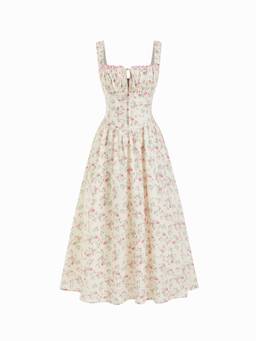 Cider - Cotton Blend Women Floral Square Neck Knotted Shirred Midi Dress Pink