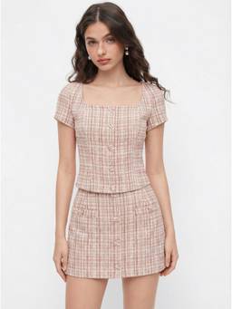 Cider - Tweed Women's Square Neck Checks Skirt Set Pink