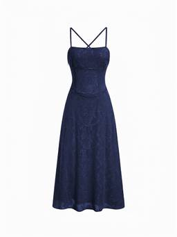 Cider - Jacquard Floral Women's Tie-Back A-Line Maxi Dress Navy Blue