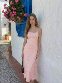 Cider - Jacquard Floral Women Tie-Back A-Line Maxi Dress Pink