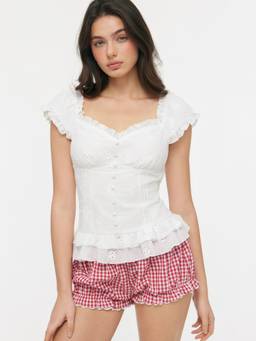 Cider - Cotton Embroidered Women's Ruffle Hem Button Blouse White