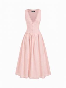 Cider - Cotton Blend Women's V-Neck Broderie Anglaise Midi Dress Pink