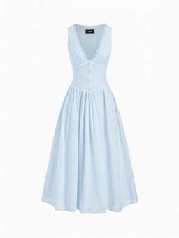 Cider - Cotton Blend Women's V-Neck Broderie Anglaise Midi Dress Blue