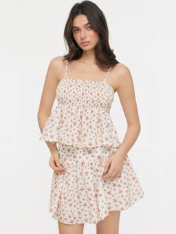 Cider - Cotton Blend Women Floral Smocked Skirt Set Pink