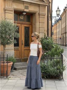 Cider - Cotton Blend Women Mid-Rise Checks Tiered Maxi Skirt Navy Blue