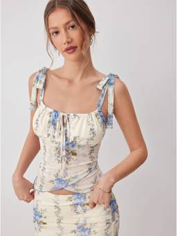 Cider - Mesh Floral Women's Bowknot Cami & Maxi Skirt Set Blue