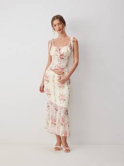 Cider - Mesh Floral Women's Bowknot Cami Top Skirt Set Pink