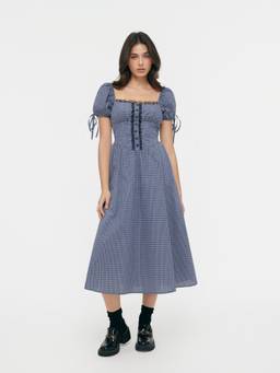 Cider - Plaid Women's Square Neck Puff Sleeve Midi Dress Navy Blue
