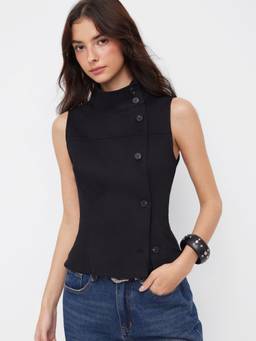 Cider - Cotton Blend Women Asymmetrical Button Top Black