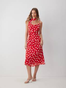 Cider - Chiffon Polka Dot Women's Cowl Neck Midi Dress Red