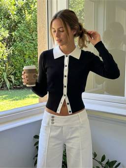 Cider - Knit Collar Women’s Two-Tone Button-Up Cardigan Black