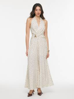 Cider - Polka Dot Women's Halter Ruched Metal Detail Wide-Leg Jumpsuit Beige