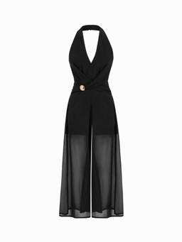 Cider - Women's Halter Ruched Metal Detail Wide-Leg Jumpsuit Black