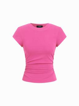 Cider - Cotton Blend Women's Ruched Crew Neck T-Shirt Carmine