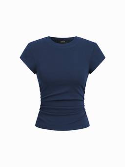 Cider - Cotton Blend Women's Ruched Crew Neck T-Shirt Navy Blue