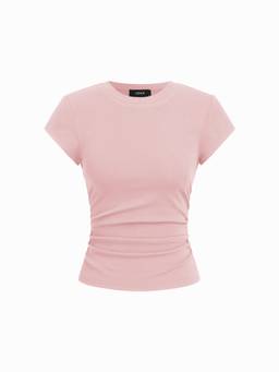 Cider - Cotton-Blend Women's Ruched Crew Neck T-Shirt Pink