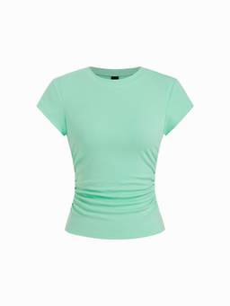 Cider - Cotton Blend Women's Ruched Crew Neck T-Shirt Pale Green