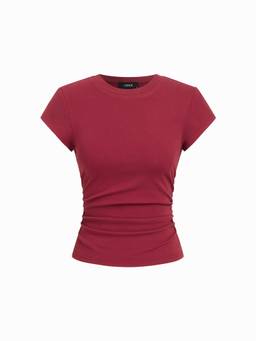 Cider - Cotton Blend Women's Ruched Crew Neck Short Sleeve T-Shirt Wine