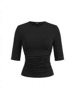 Cider - Ruched Women Mid Sleeve Tee Black