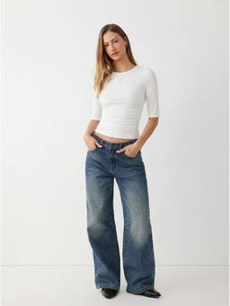 Cider - Women's Ruched Mid Sleeve Regular Fit Tee White