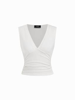 Cider - Cotton-Blend Women Ruched V-Neck Top White