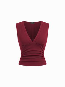 Cider - Cotton Blend Women’s V-Neck Ruched Sleeveless Top Wine