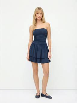 Cider - Ruched Women's Strapless Tiered Mini Dress Navy Blue