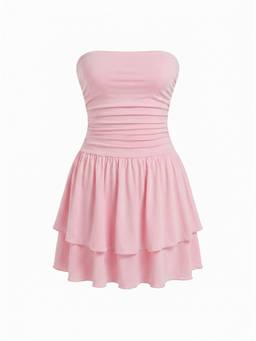 Cider - Ruched Women's Bandeau Tiered Mini Dress Pink