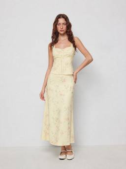 Cider - Floral Square Neck Women's Drawstring Skirt Set Yellow